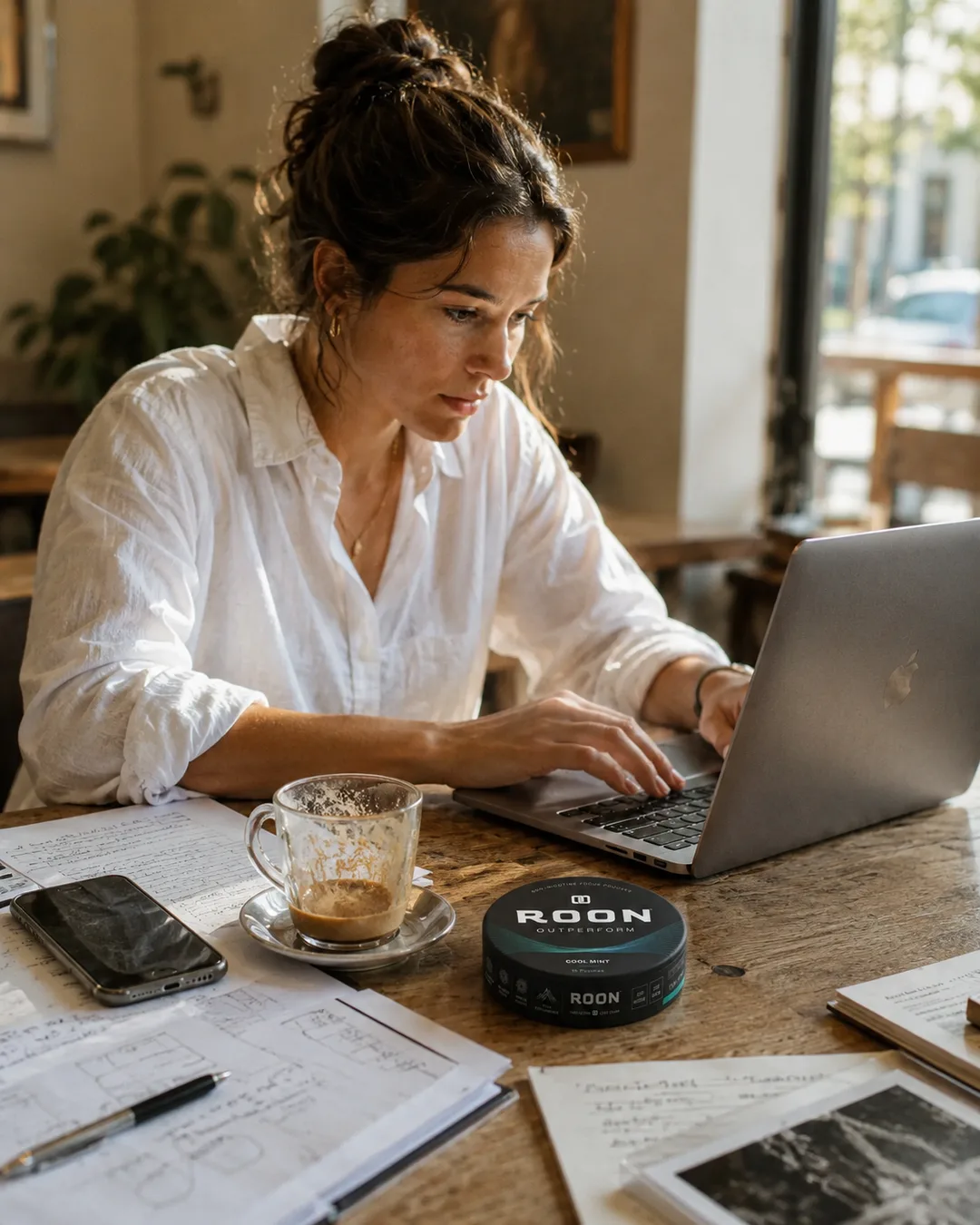 Working in focus with a tin of Roon on the desk