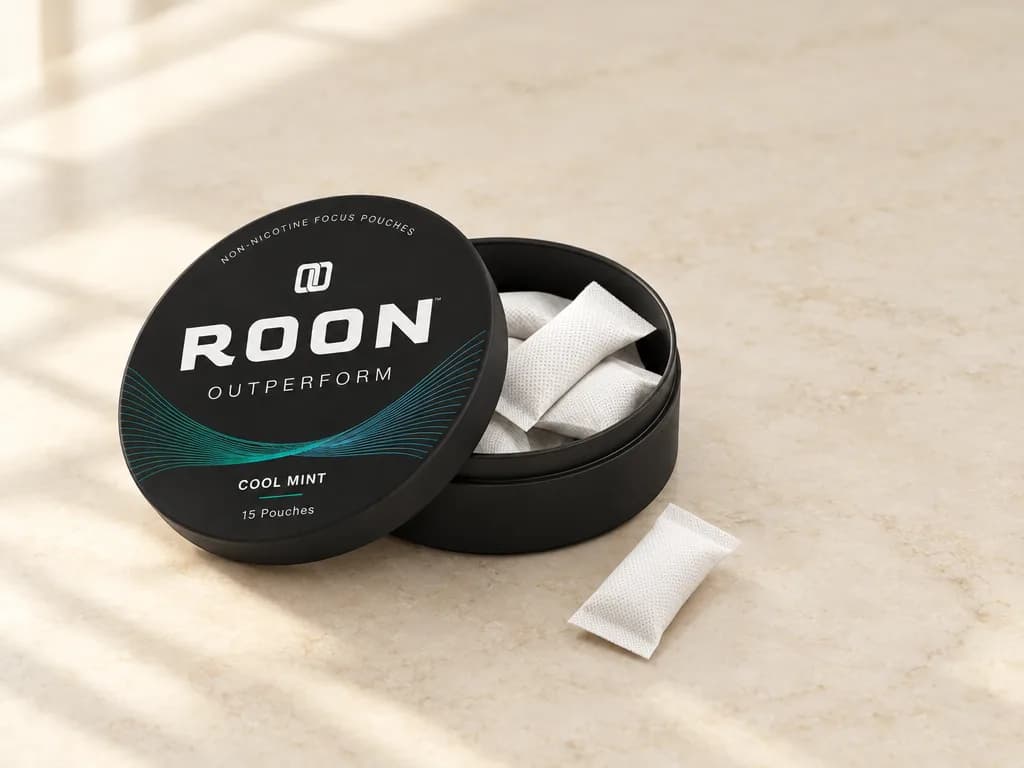 An open tin of Roon Cool Mint pouches with one pouch beside it