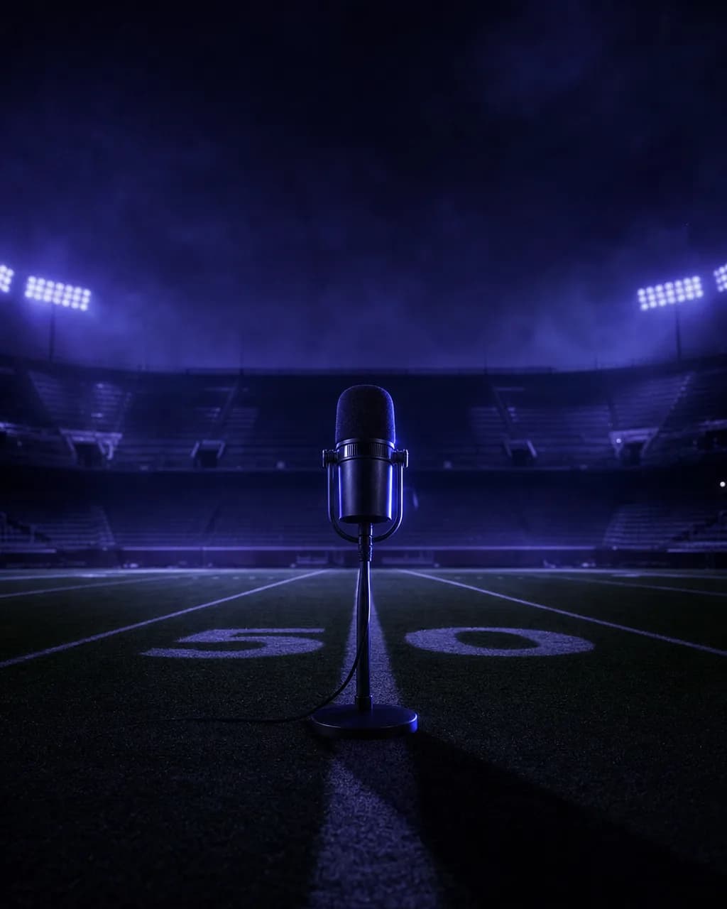 A broadcast microphone at midfield of an empty stadium at night, in Aaron Torres broadcast style