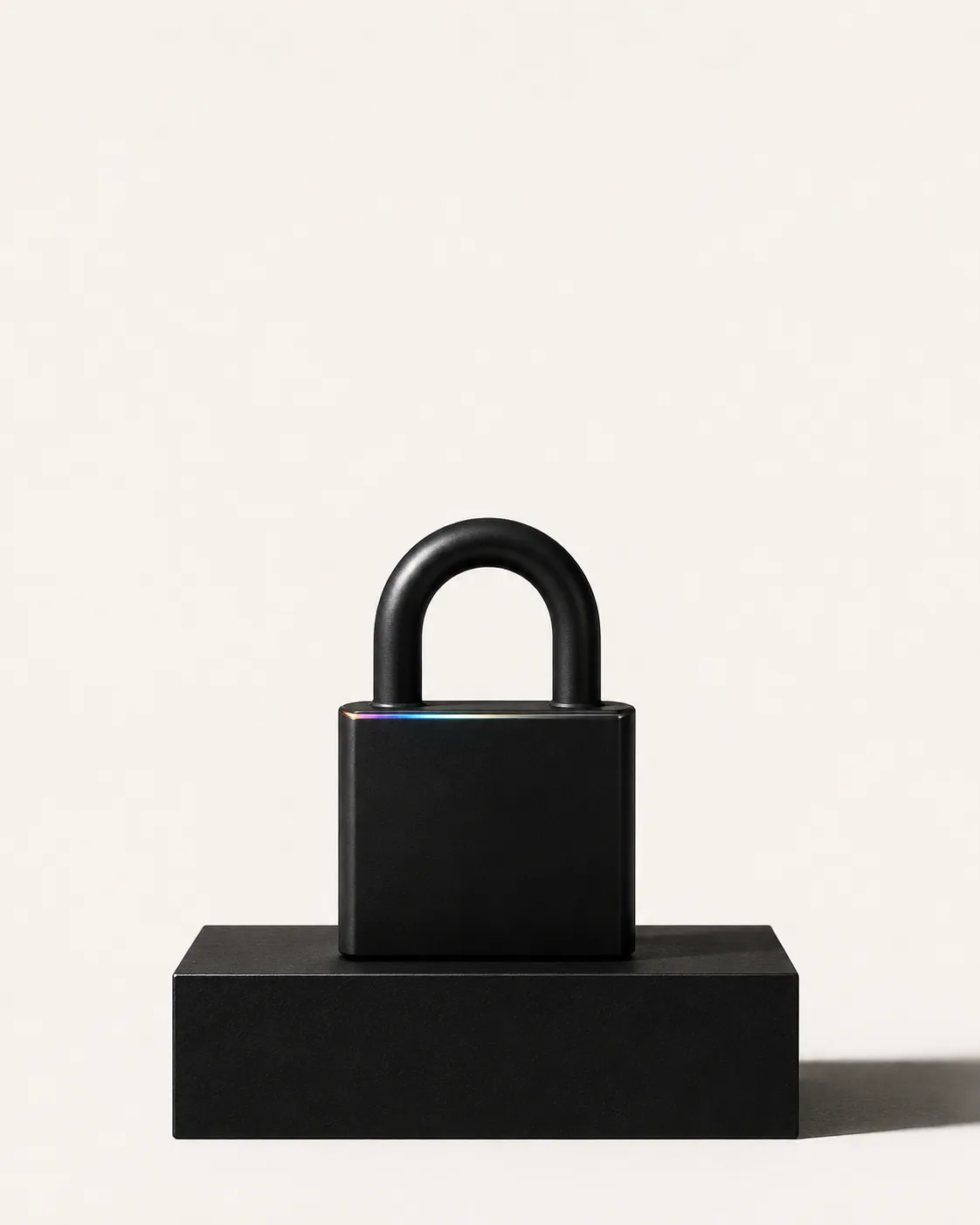 A matte black padlock with an iridescent edge on a black block against an off-white field