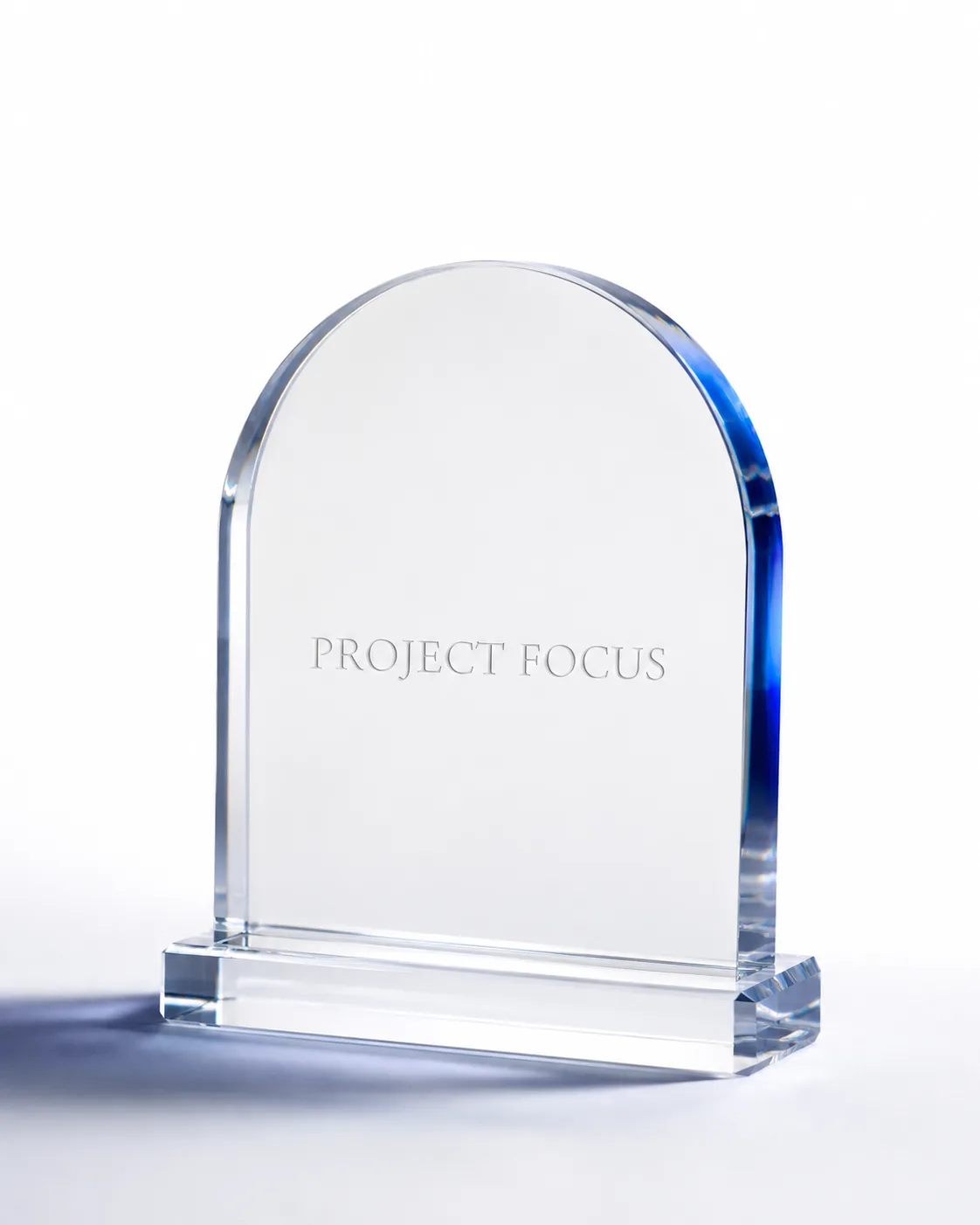 A lucite deal-toy tombstone engraved PROJECT FOCUS on a white studio background