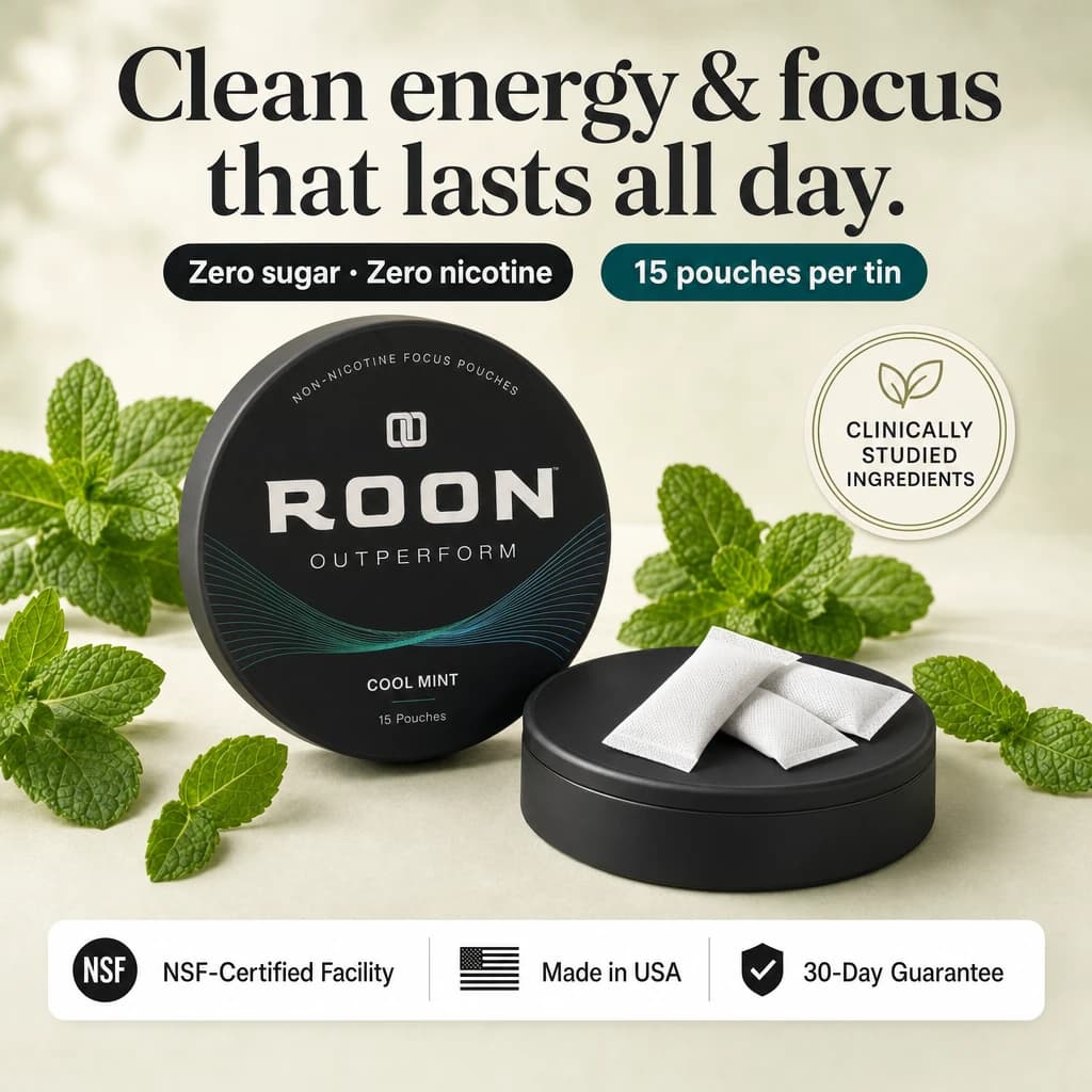 Clean energy and focus that lasts all day — Roon Cool Mint pouches with clinically studied ingredients, zero sugar, zero nicotine, 15 pouches per tin