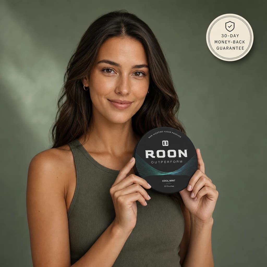 A customer holding a tin of Roon Cool Mint focus pouches, with a 30-day money-back guarantee seal