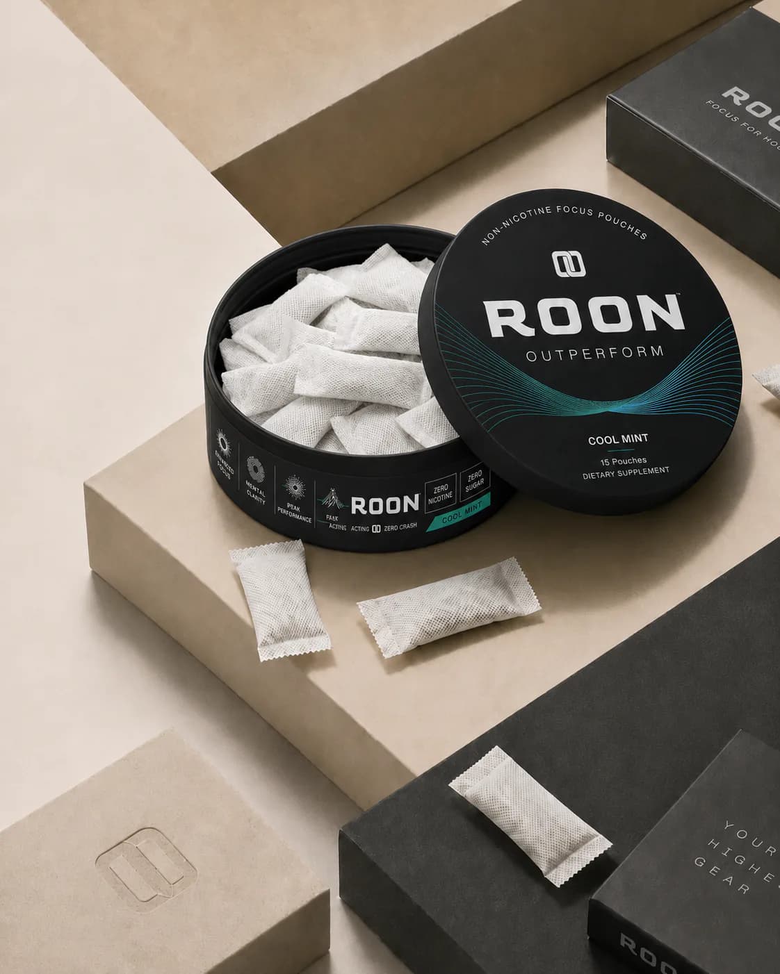 Open tin of Roon Cool Mint focus pouches, lid printed Roon / outperform