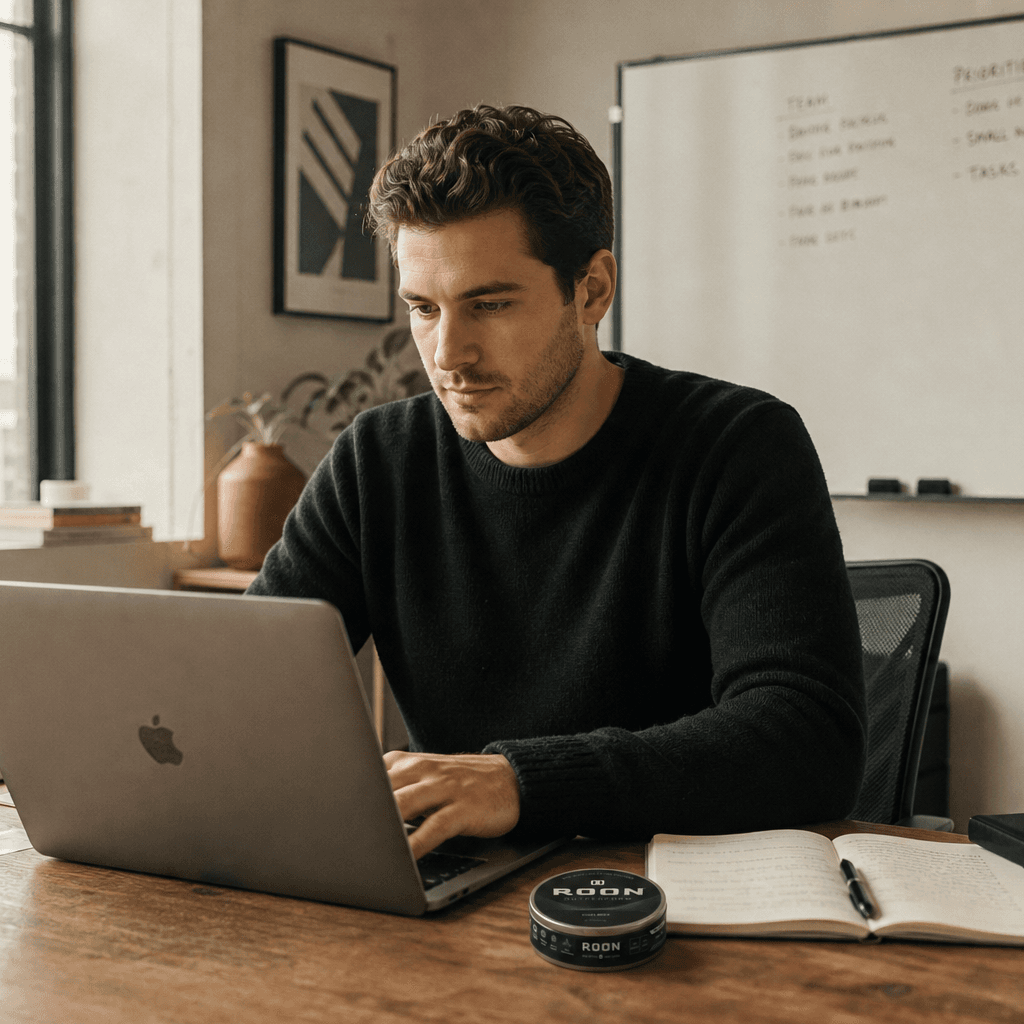 Focused at a desk, staying sharp through a long work session