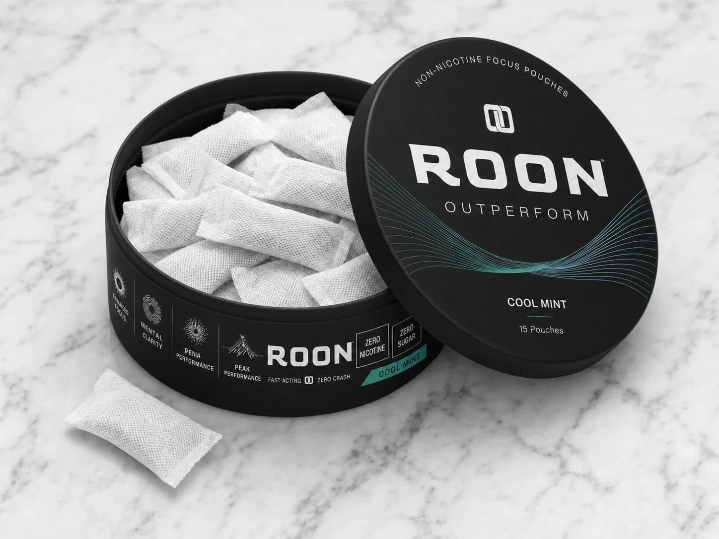 Roon Focus Pouches, open tin with pouches, lid printed Roon / outperform