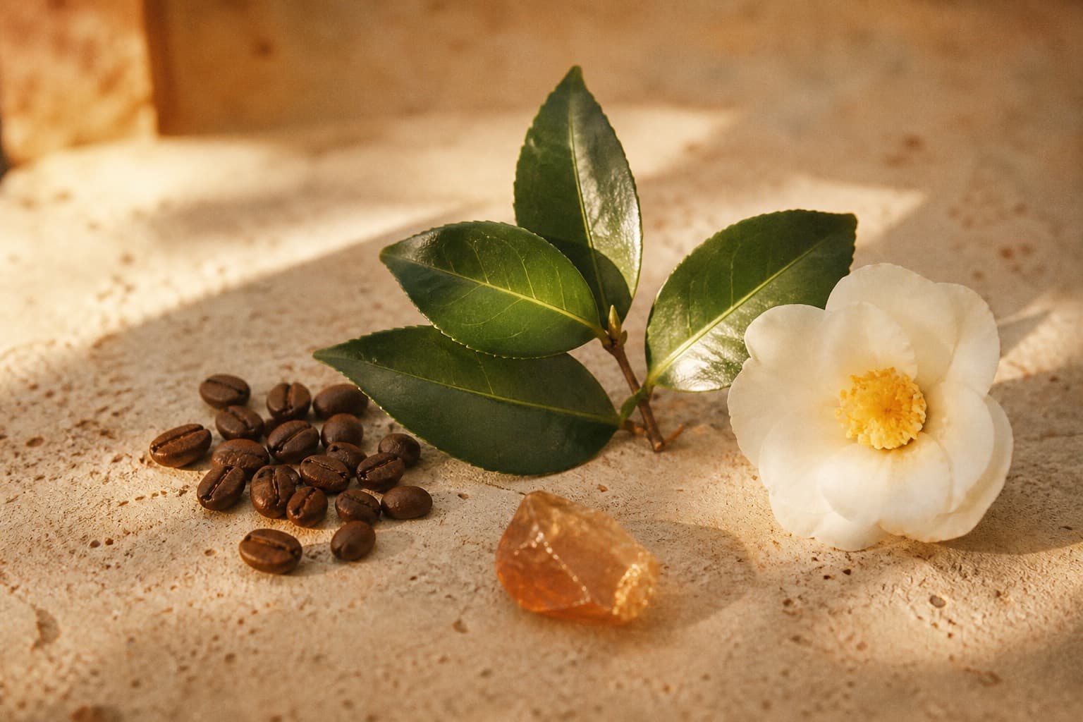 Coffee beans, green tea leaves, a camellia blossom, and a kucha crystal, the four botanicals behind Roon