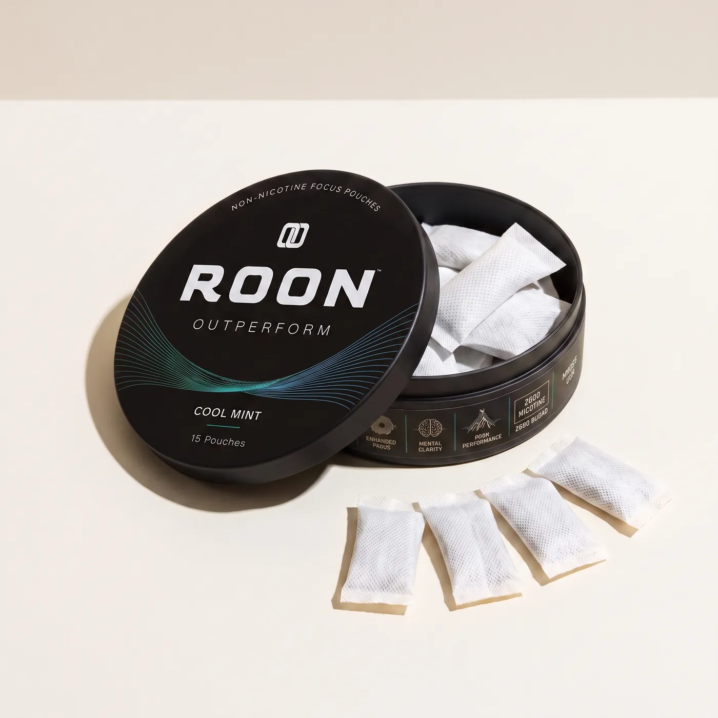 An open tin of Roon Cool Mint with four pouches fanned beside it, labelled with the caffeine, L-theanine, Dynamine and TeaCrine amounts per pouch.