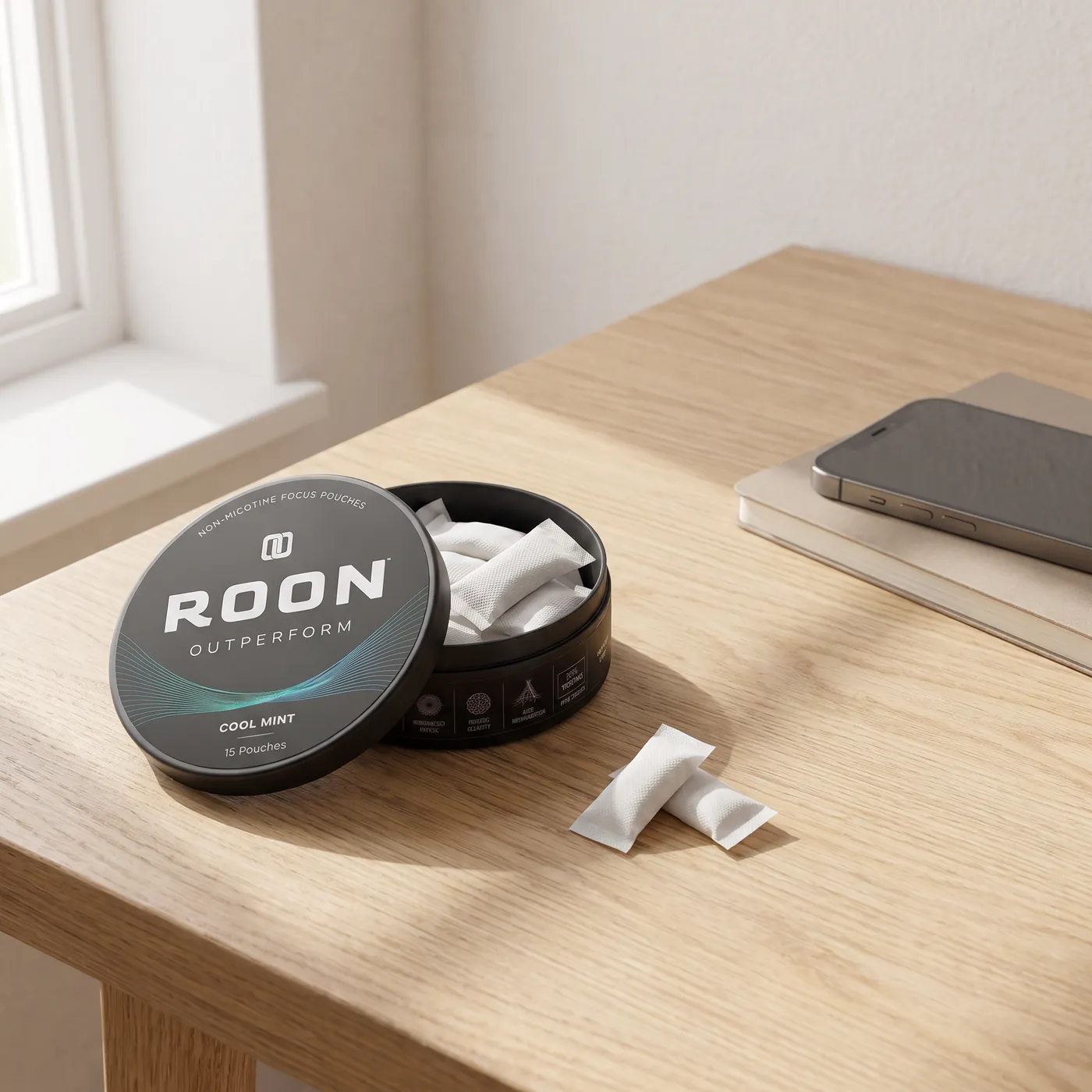 An open tin of Roon Cool Mint pouches on a bright desk beside a closed laptop and a notebook.