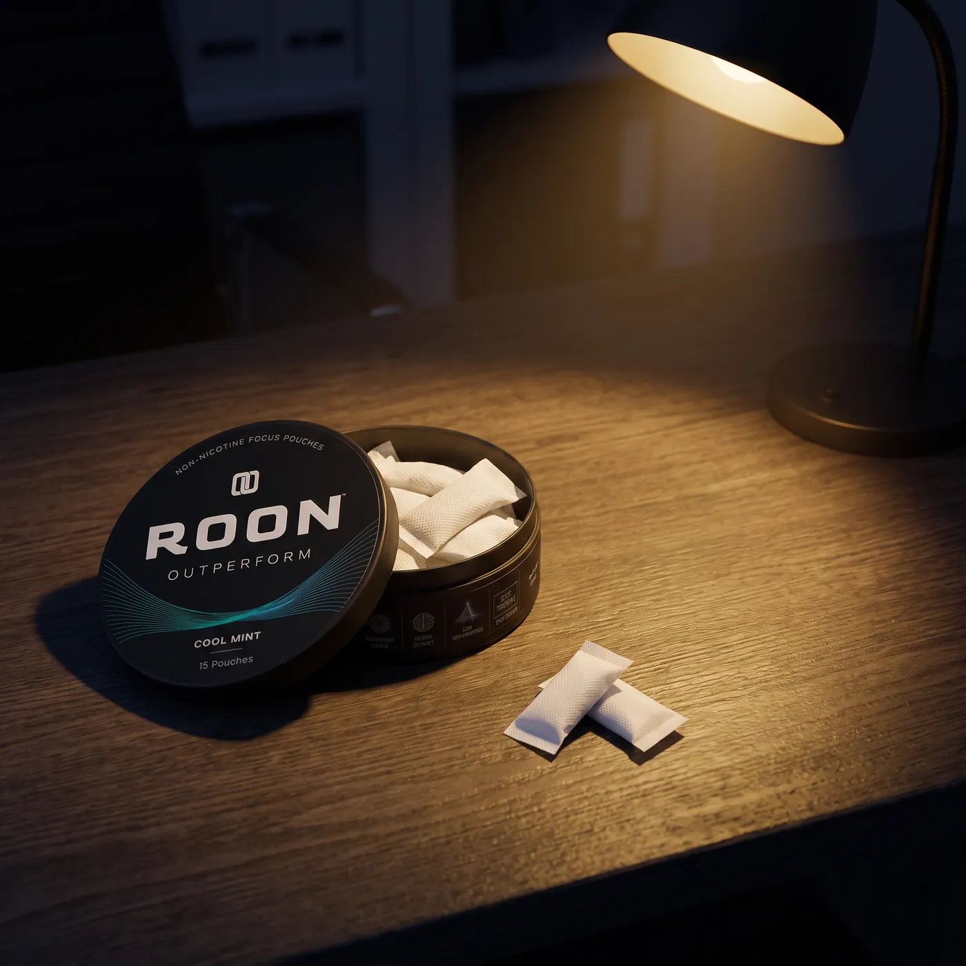 An open tin of Roon Cool Mint pouches on a bright desk beside a closed laptop and a notebook.