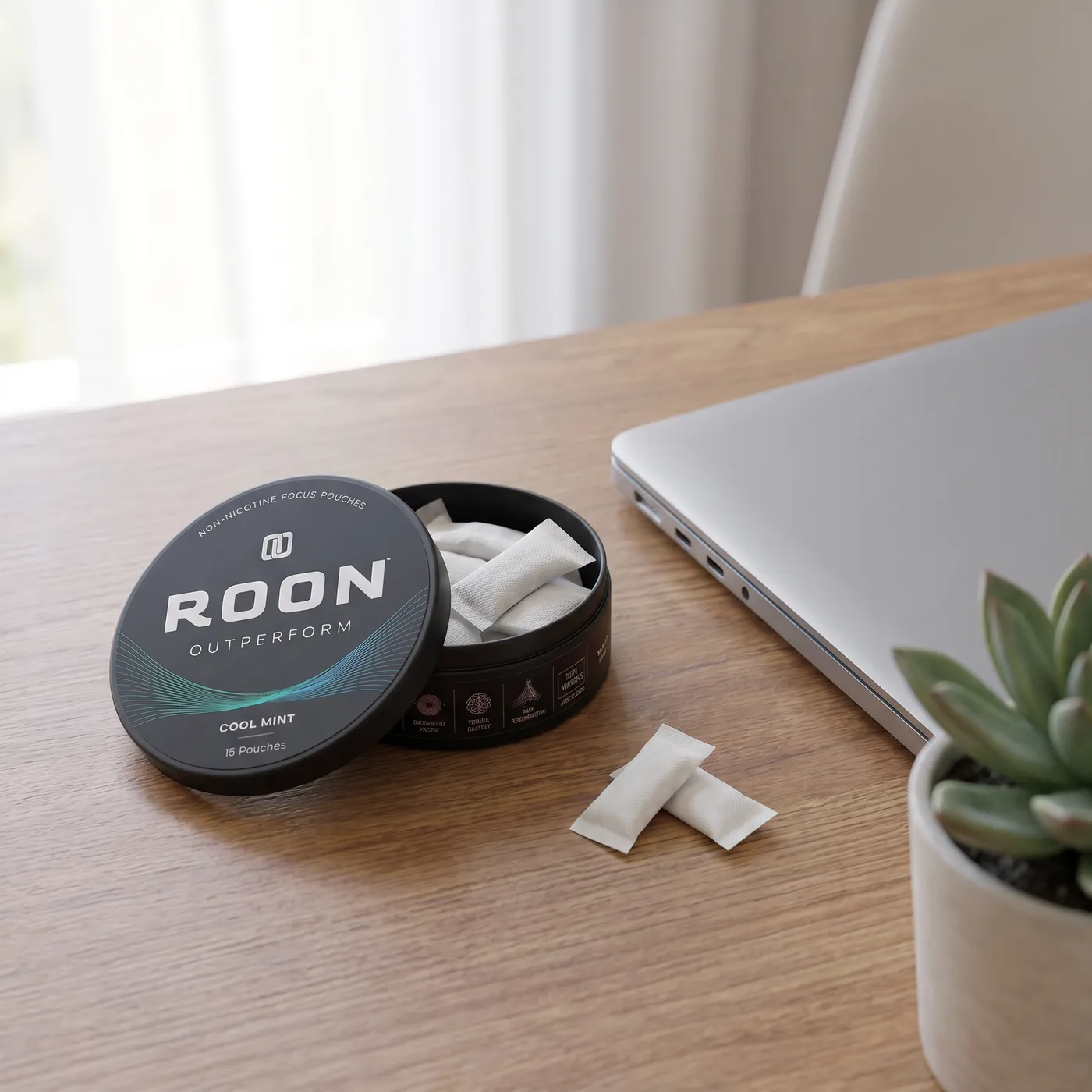 An open tin of Roon Cool Mint pouches on a bright desk beside a closed laptop and a notebook.