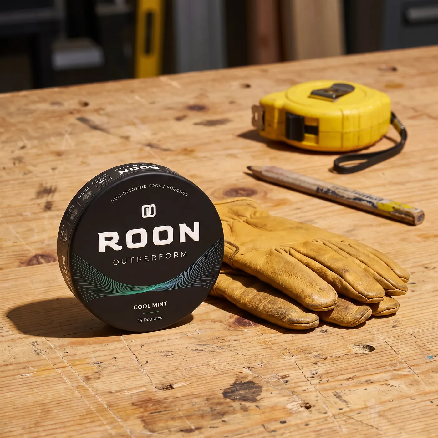 A closed tin of Roon Cool Mint pouches on a workbench beside a folded pair of work gloves.