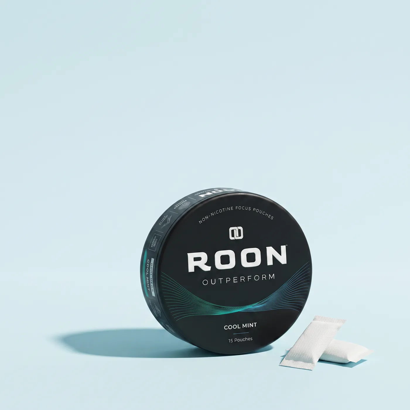A closed tin of Roon Cool Mint pouches beside a sheet showing third-party testing and manufacturing details.