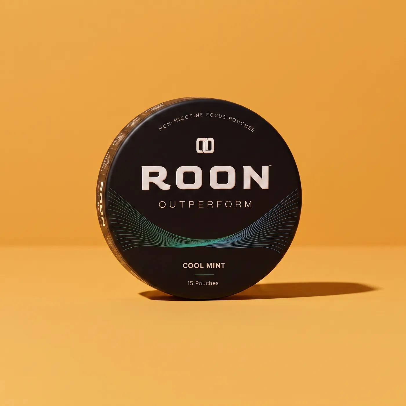 A closed tin of Roon Cool Mint alongside a timeline showing onset in 5 to 10 minutes and a 6 to 8 hour focus window.