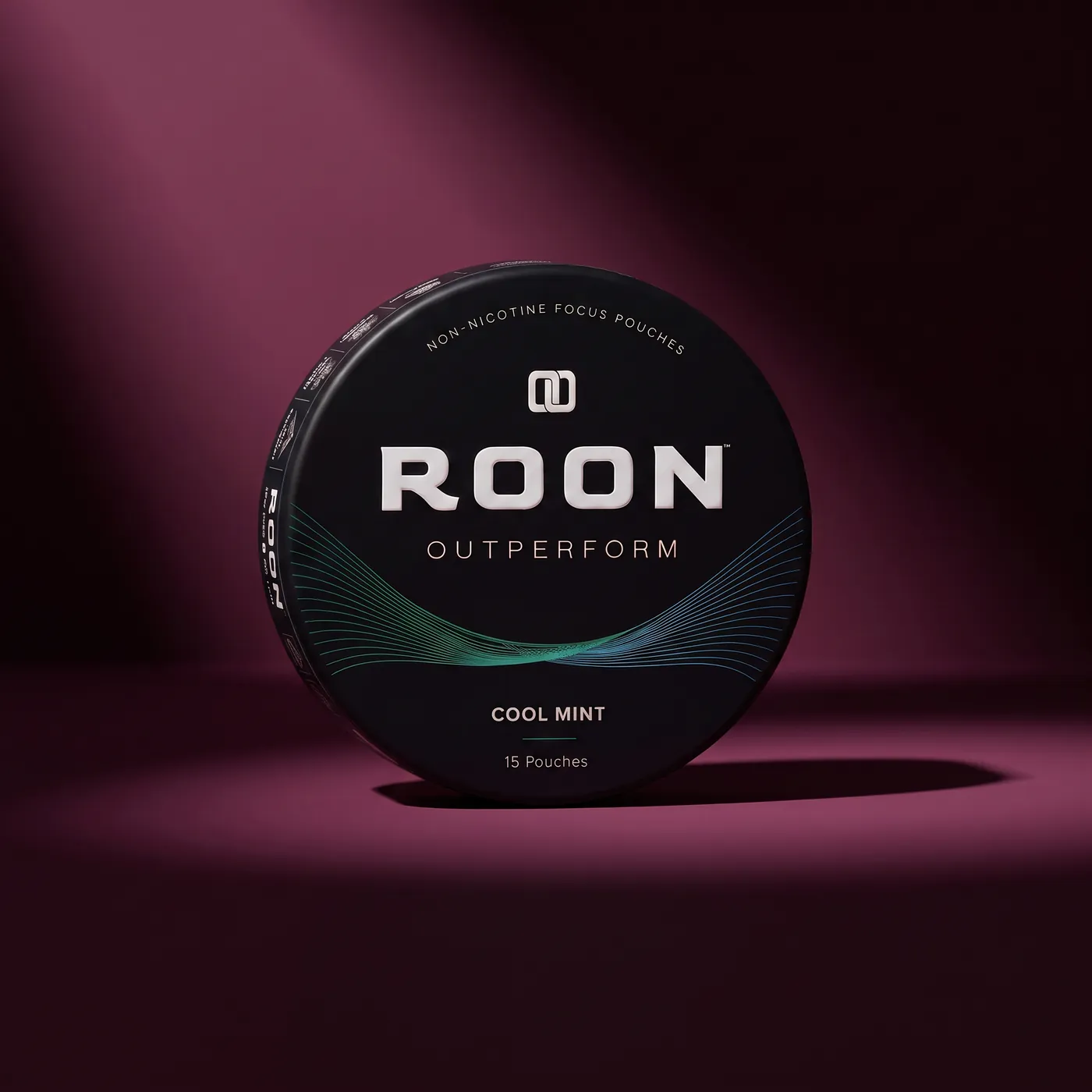 A closed tin of Roon Cool Mint alongside a timeline showing onset in 5 to 10 minutes and a 6 to 8 hour focus window.