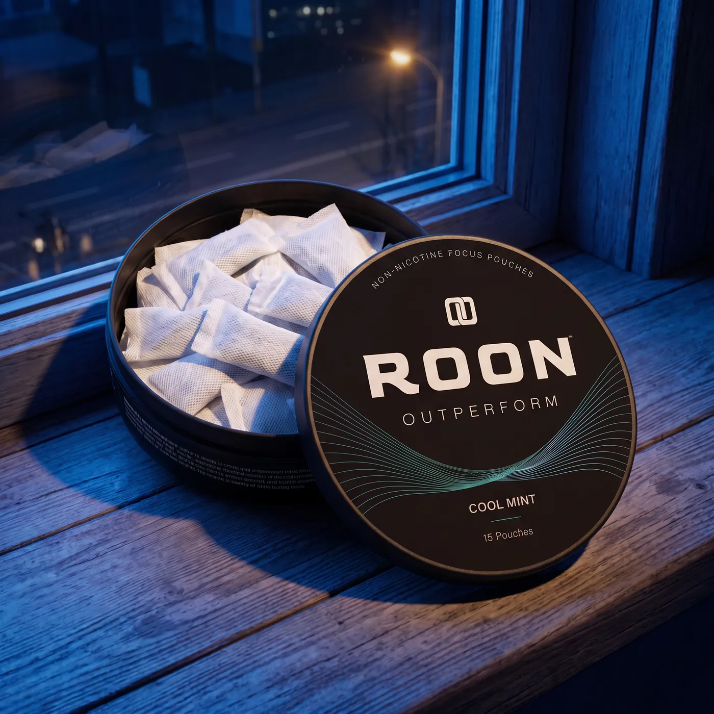 An open tin of Roon Cool Mint pouches on a windowsill in bright low-angle seasonal sunlight.