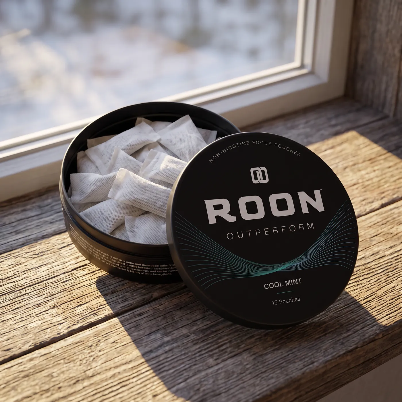 An open tin of Roon Cool Mint pouches on a windowsill in bright low-angle seasonal sunlight.