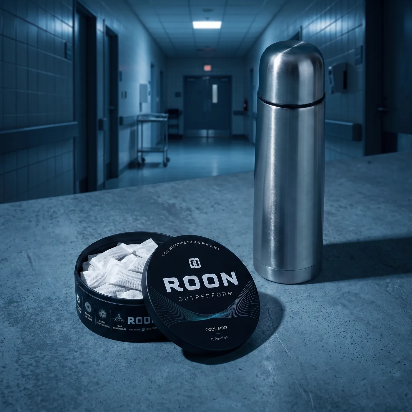 An open tin of Roon Cool Mint pouches on a bright break room counter beside a stainless flask.