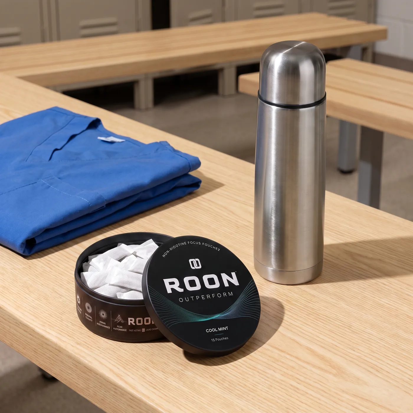 An open tin of Roon Cool Mint pouches on a bright break room counter beside a stainless flask.
