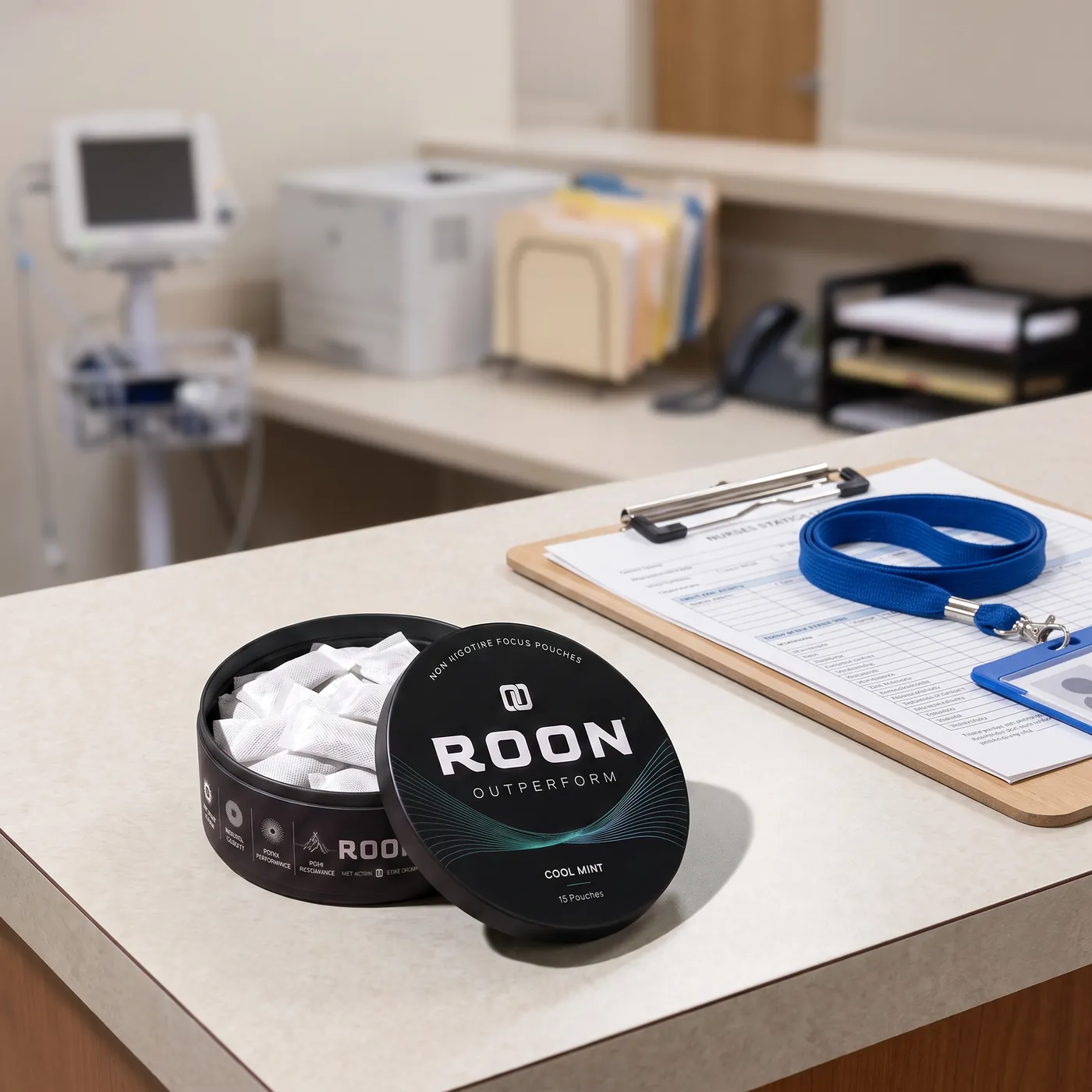 An open tin of Roon Cool Mint pouches on a bright break room counter beside a stainless flask.