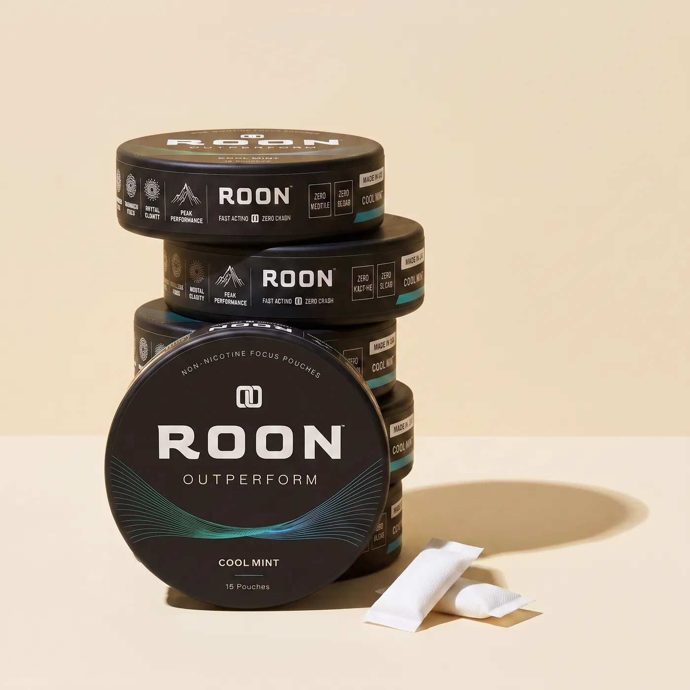 Four stacked tins of Roon Cool Mint focus pouches, showing the multi-tin subscription options.