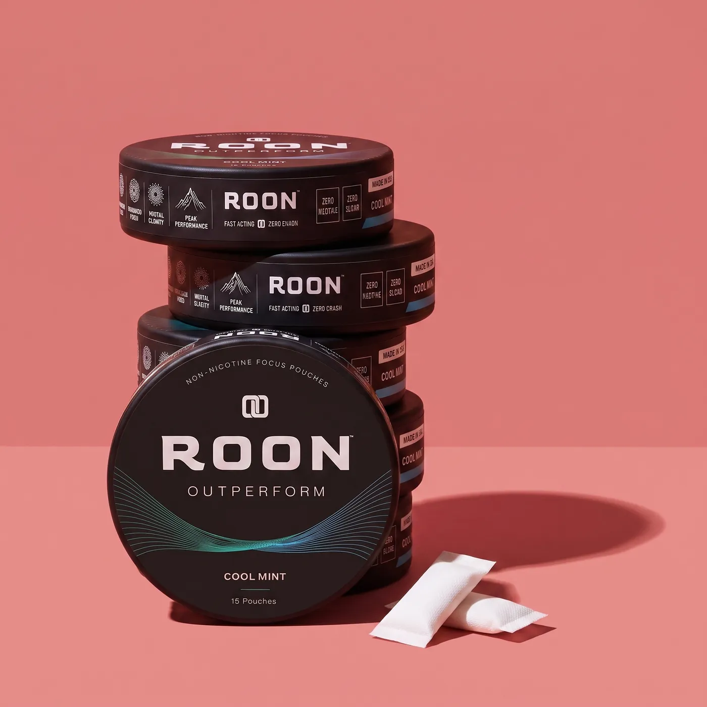 Four stacked tins of Roon Cool Mint focus pouches, showing the multi-tin subscription options.