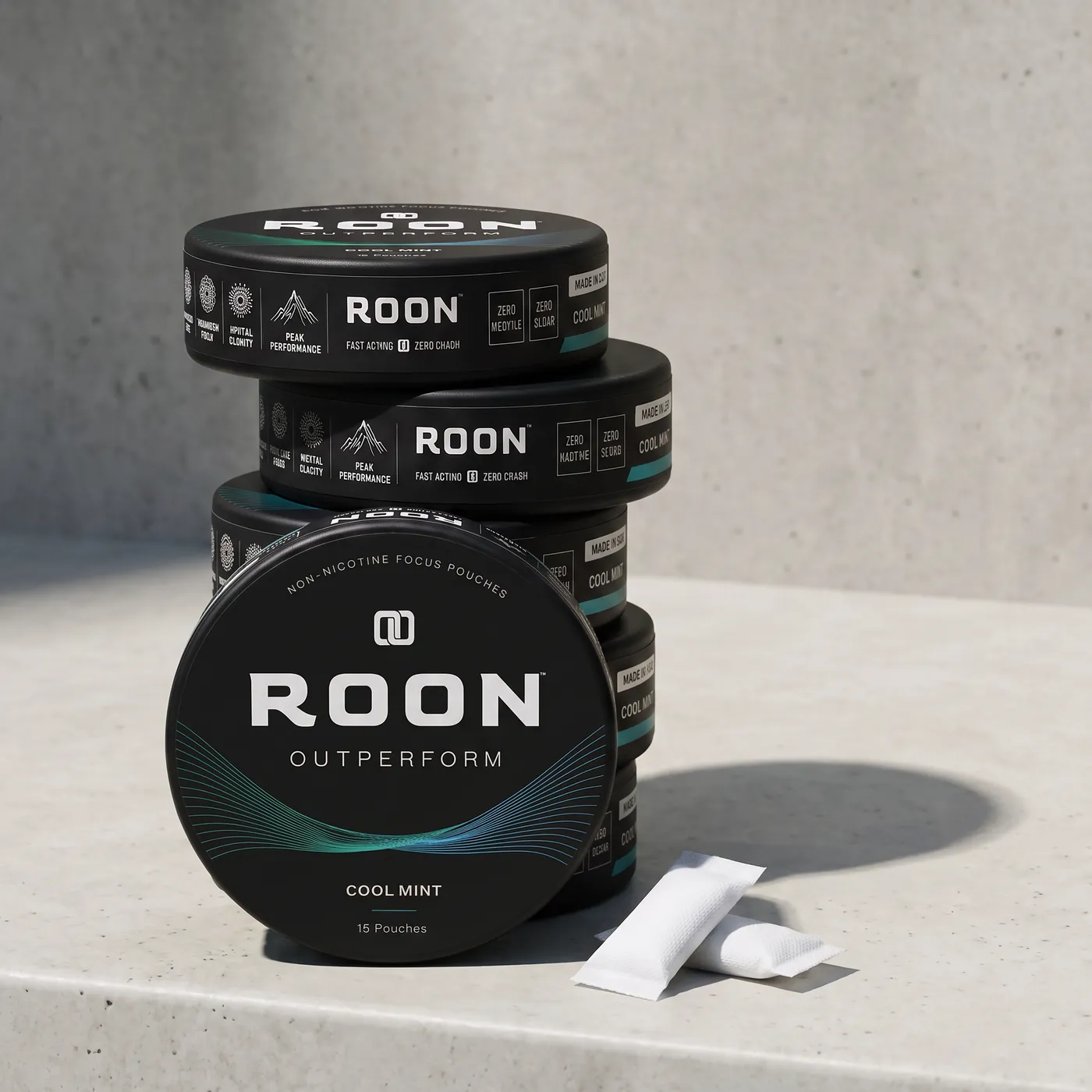Four stacked tins of Roon Cool Mint focus pouches, showing the multi-tin subscription options.