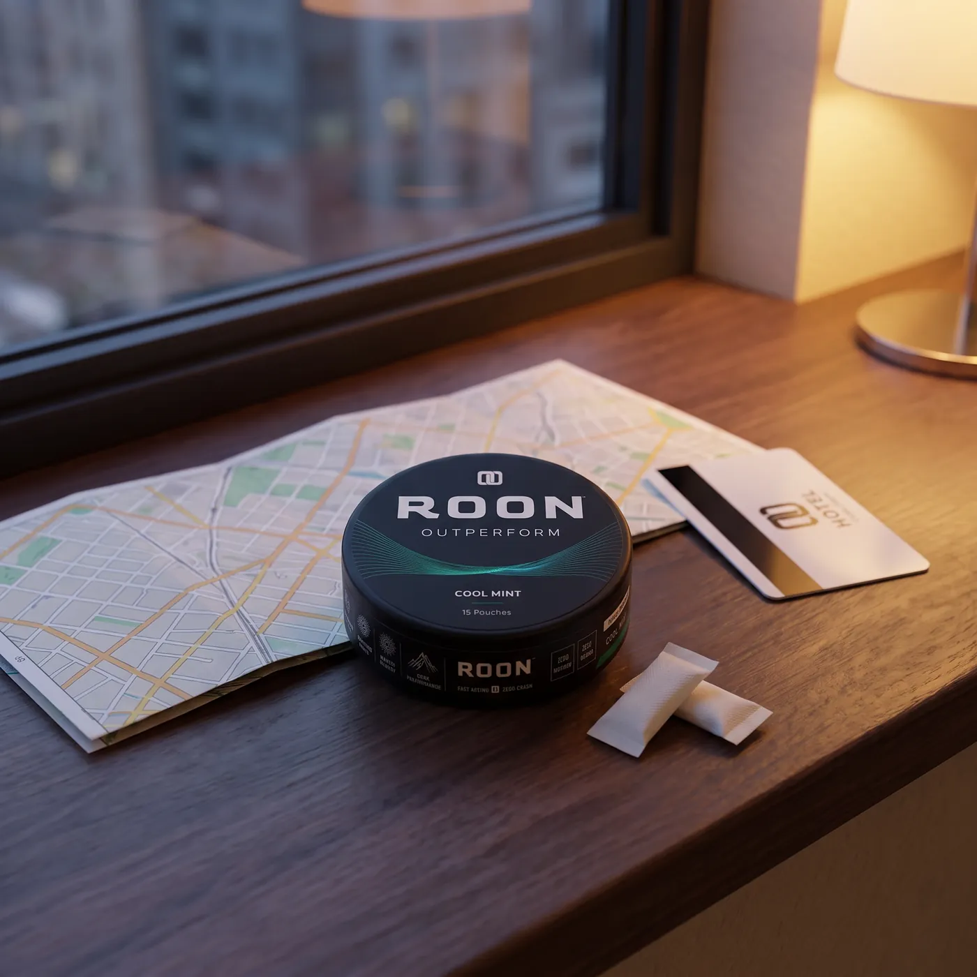 A closed tin of Roon Cool Mint pouches on an aircraft tray table in bright cabin daylight.