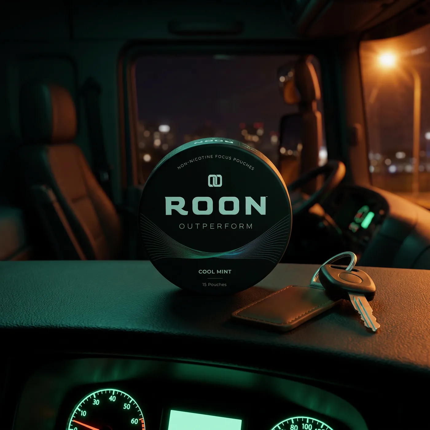 A closed tin of Roon Cool Mint pouches resting in a vehicle console cupholder in daylight.