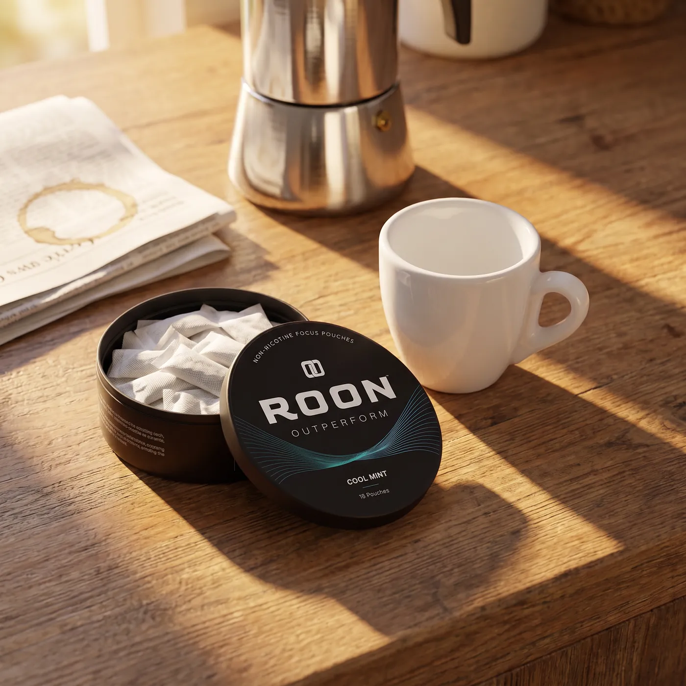 An open tin of Roon Cool Mint pouches beside an empty espresso cup, comparing a pouch to a cup of coffee.
