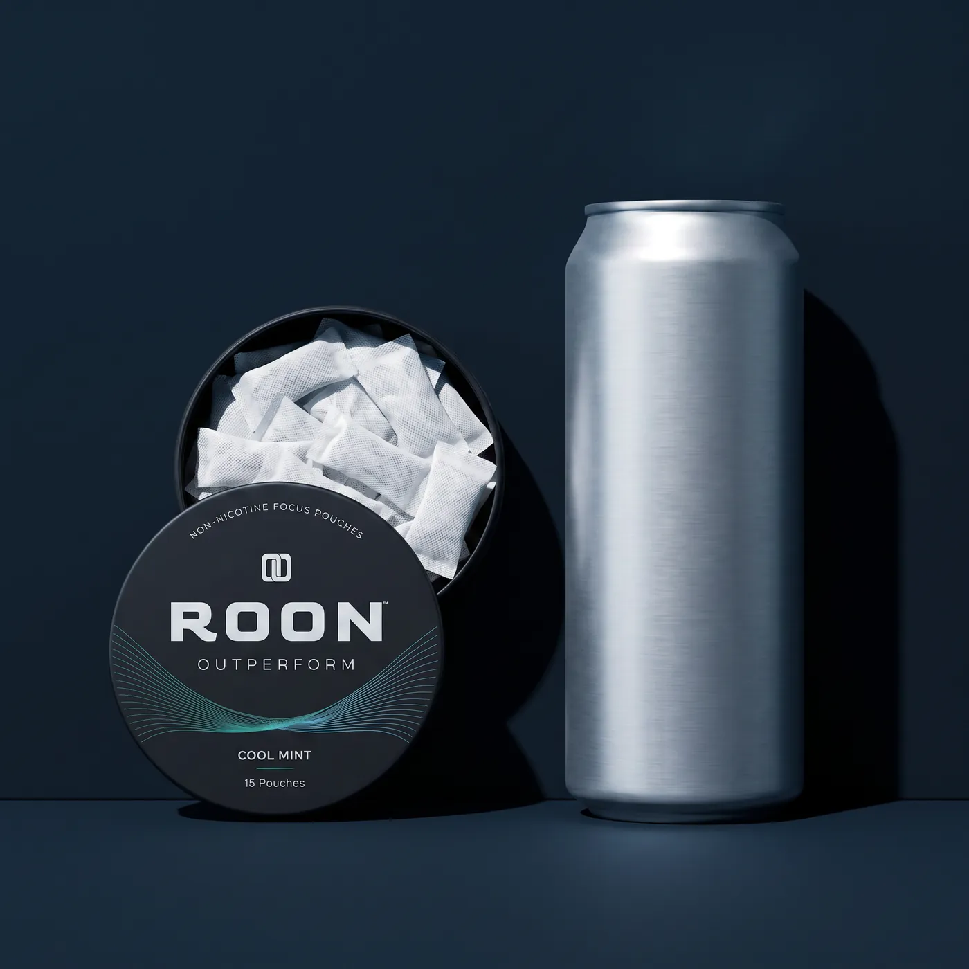 An open tin of Roon caffeine pouches in front of a plain slim energy drink can, comparing the two formats.