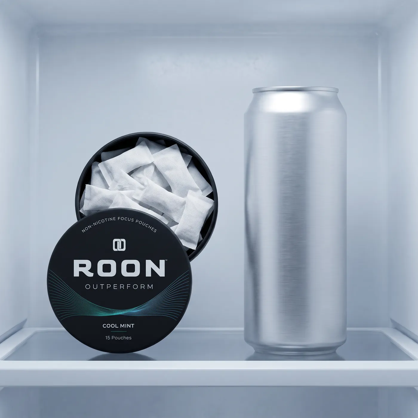 An open tin of Roon caffeine pouches in front of a plain slim energy drink can, comparing the two formats.