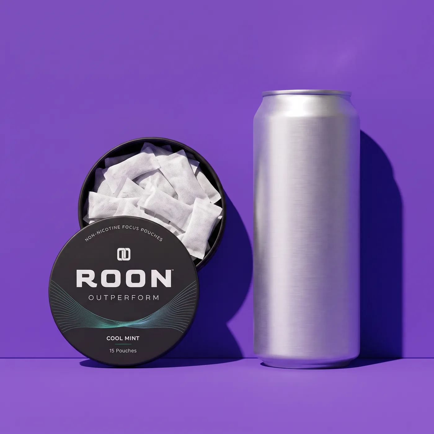 An open tin of Roon caffeine pouches in front of a plain slim energy drink can, comparing the two formats.
