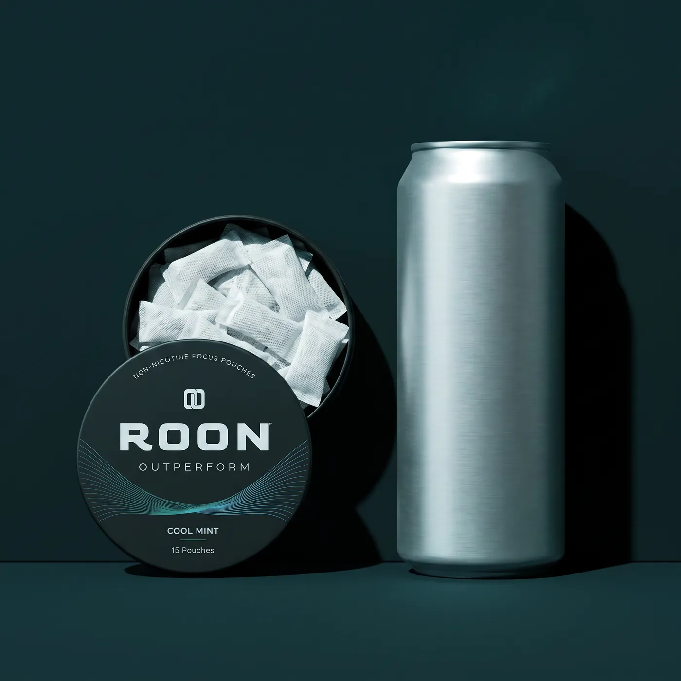 An open tin of Roon caffeine pouches in front of a plain slim energy drink can, comparing the two formats.