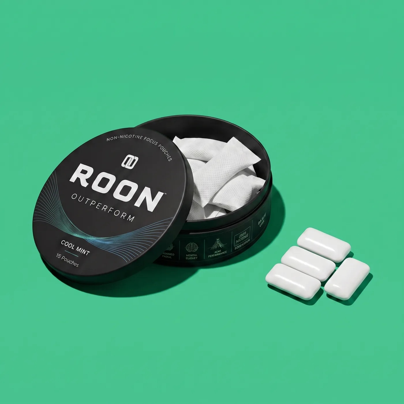 An open tin of Roon caffeine pouches next to pieces of caffeine gum, comparing the two formats.