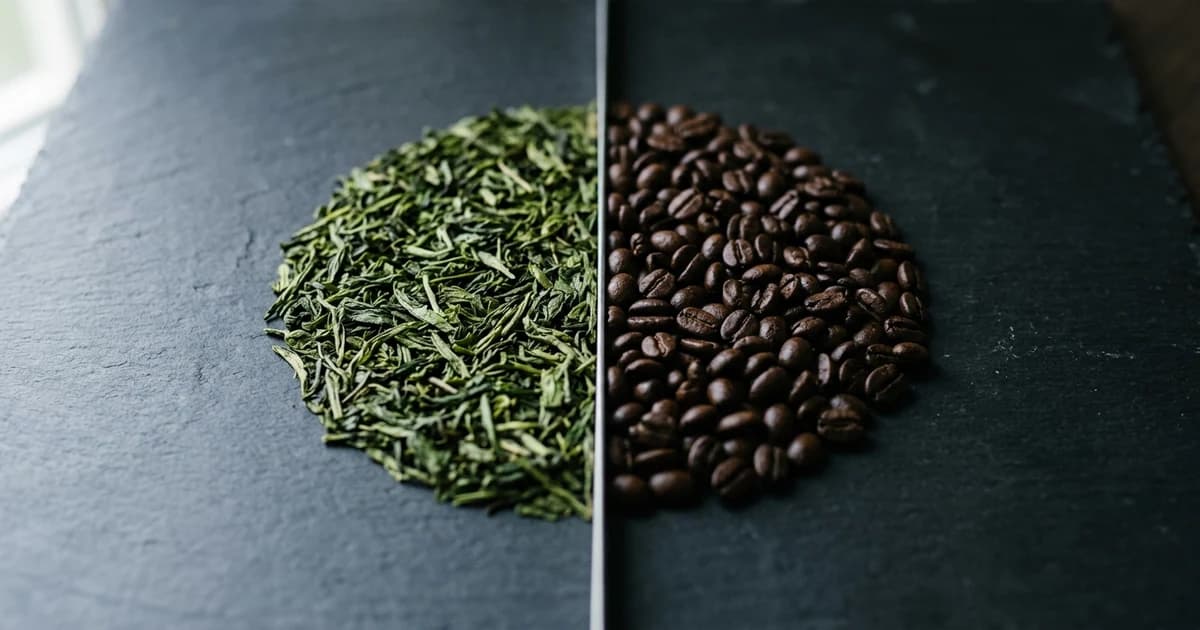 Loose green tea leaves and roasted coffee beans side by side on stone