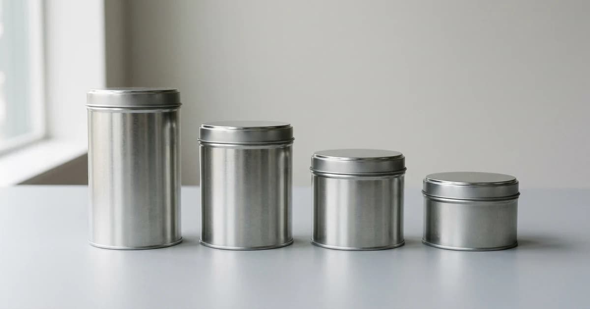 Several plain unbranded tins arranged in a row on a neutral studio surface