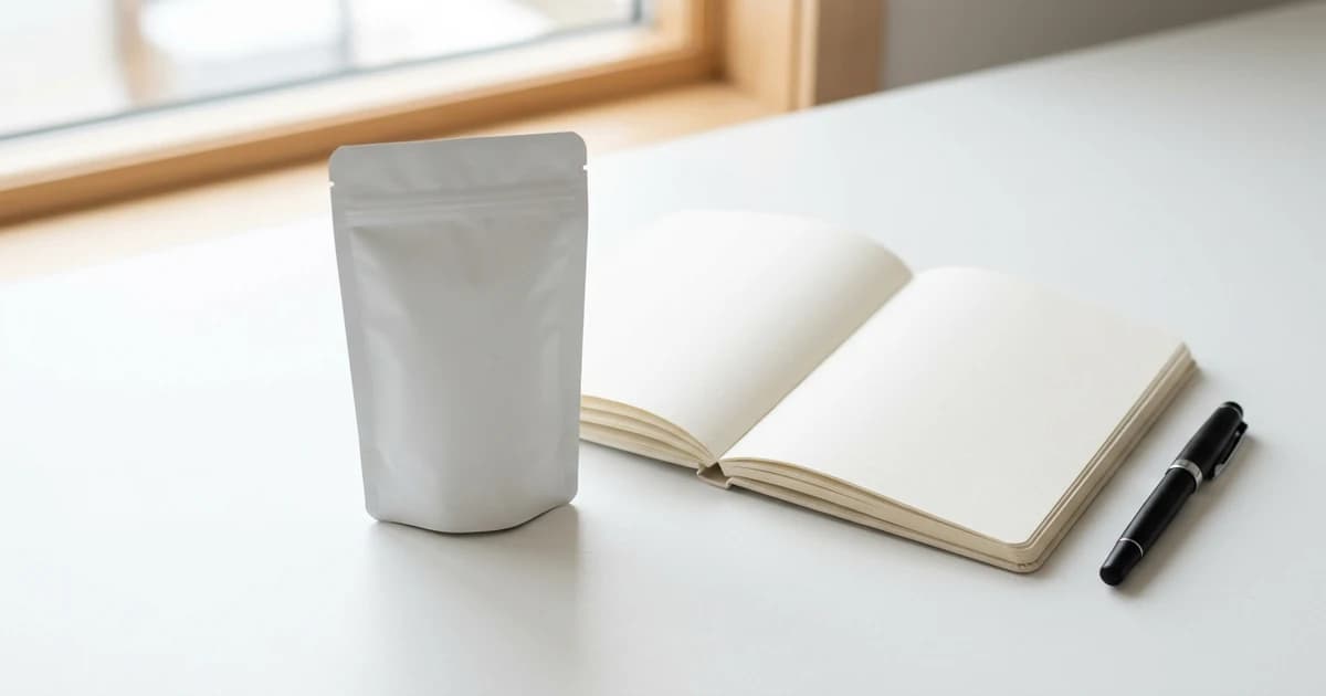 A single plain pouch on a clean surface beside an open notebook