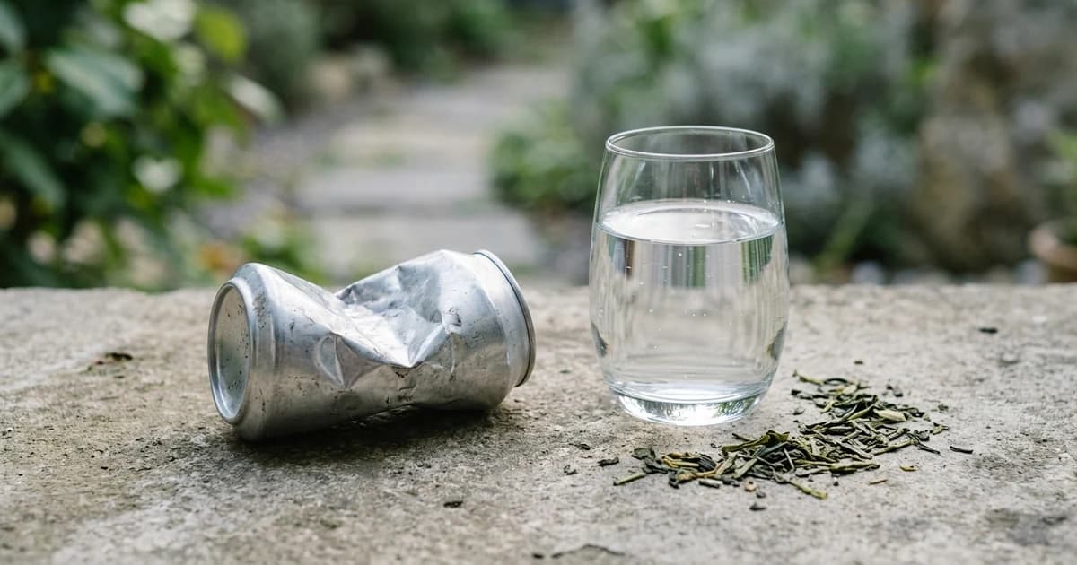 A crushed empty aluminium can beside a glass of water and green tea leaves