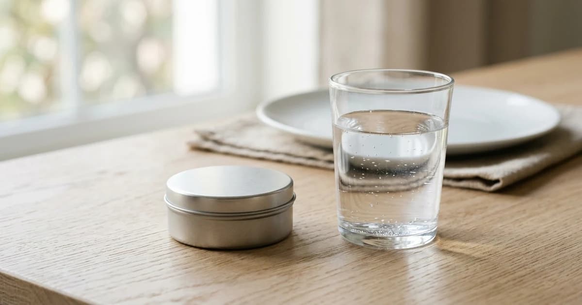 A cool mint pouch tin beside a glass of water on a morning desk before noon
