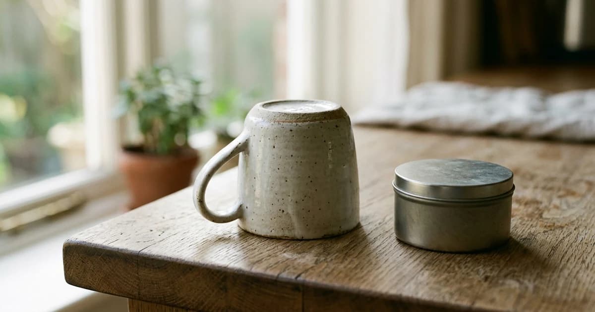 An upturned empty coffee mug beside a small closed tin on a wooden counter