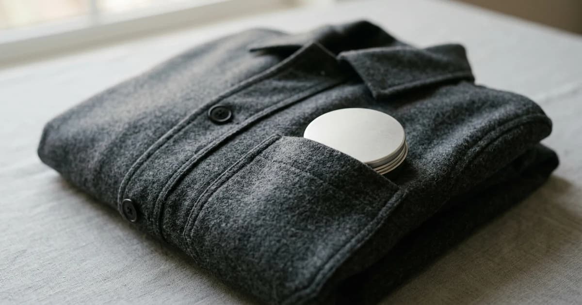 A slim plain tin in a jacket pocket on a neutral background