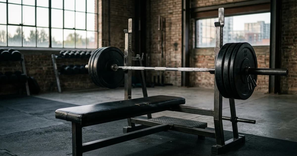 An empty gym bench beside a chalk-dusted barbell in morning light