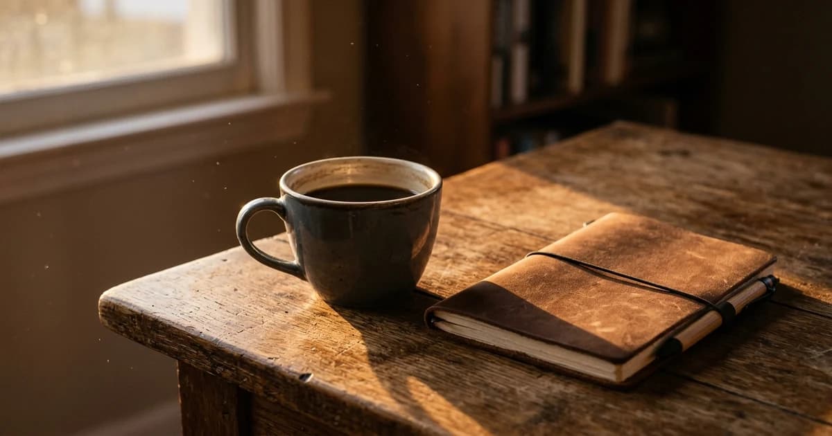 A cold half-finished cup of coffee on a desk in late afternoon light